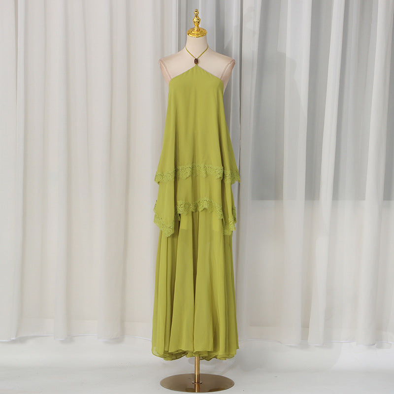 Modern Romantic Tiered Dress Halter Sleeveless Loose Profile Lace High Grade Dress