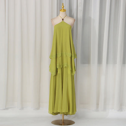 Modern Romantic Tiered Dress Halter Sleeveless Loose Profile Lace High Grade Dress