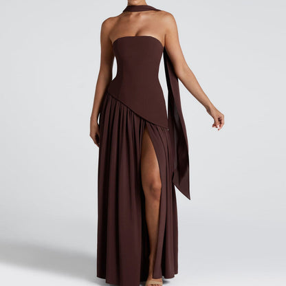 Summer Women Sexy Patchwork Backless Tube Top Solid Color Split Dress