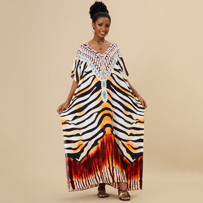 Loose Long Beach Cover Up Rayon Positioning Print Holiday Robe Dress Women