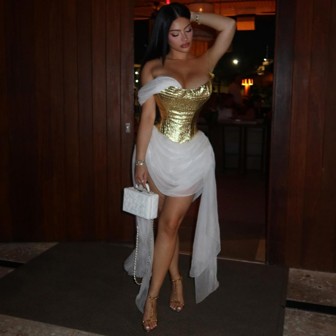 Spring Women Clothing Golden Bright Surface Mesh Stitching Ribbon Sexy Dress