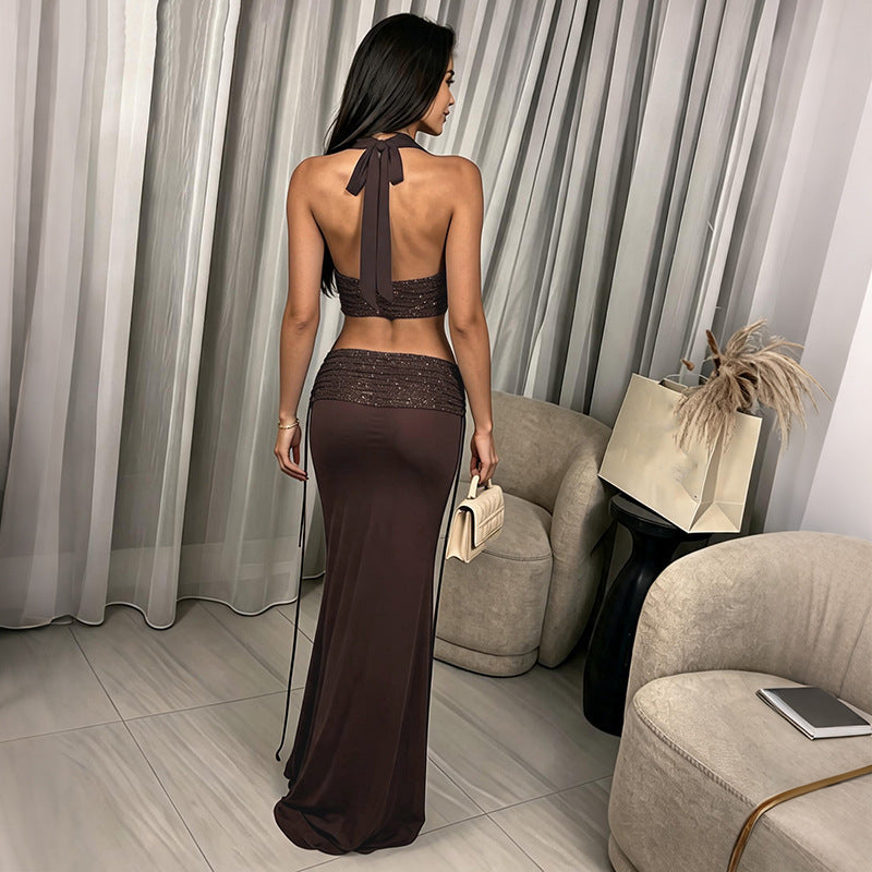 Summer Sexy Deep V Plunge Halter Lace up Top Sequined Low Waist Skirt Set