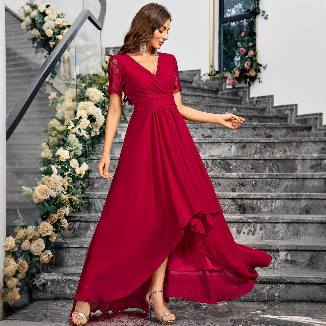 V neck Solid Color Summer Elegance Slim Fit Maxi Dress Long Cocktail Dress