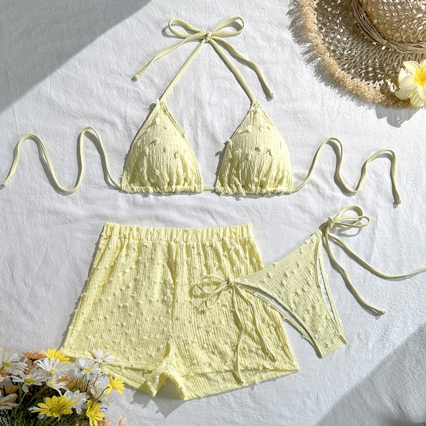 Sexy Three Piece Bikini Solid Color Halter Lace up Swimsuit Women