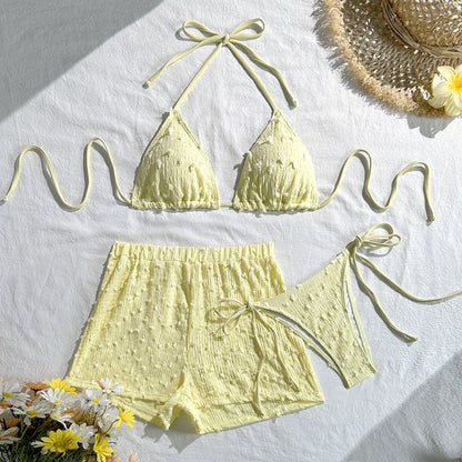 Sexy Three Piece Bikini Solid Color Halter Lace up Swimsuit Women