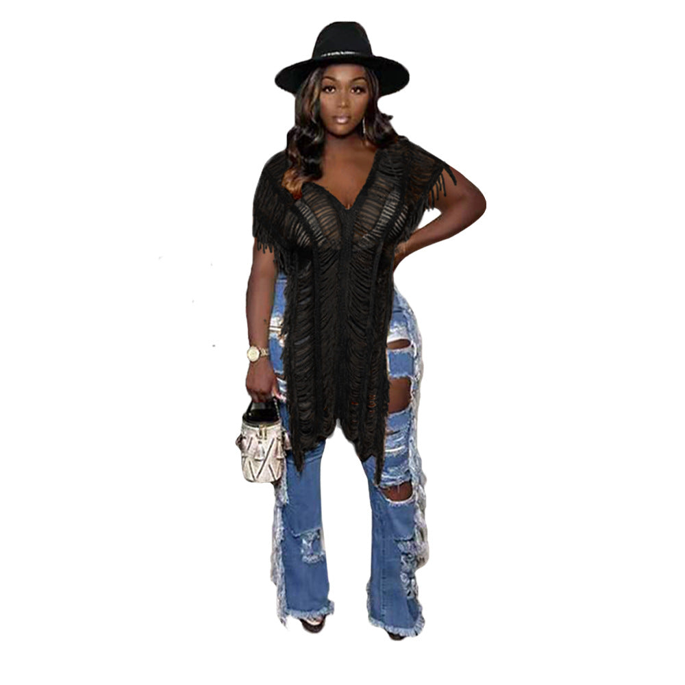Women Clothing Solid Color Casual Tassel Hollow Out Cutout T shirt