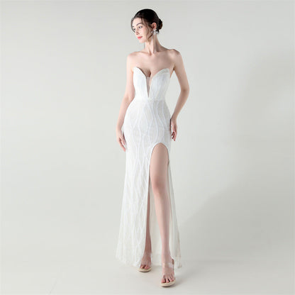 Boning Corset Waist Tight Heavy Industry Beads Heart Shaped Collar Sequined Evening Dress Luxury Cocktail Evening Dress