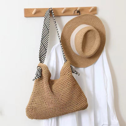 Bag Striped Wide Ribbon Shoulder Straw Bag Woven Bag Vacation Beach Bag