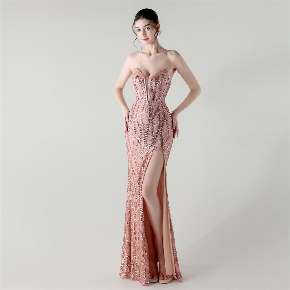 Boning Corset Waist Tight Heavy Industry Beads Heart Shaped Collar Sequined Evening Dress Luxury Cocktail Evening Dress