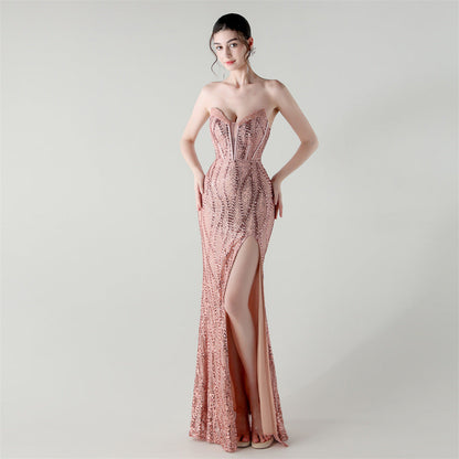 Boning Corset Waist Tight Heavy Industry Beads Heart Shaped Collar Sequined Evening Dress Luxury Cocktail Evening Dress