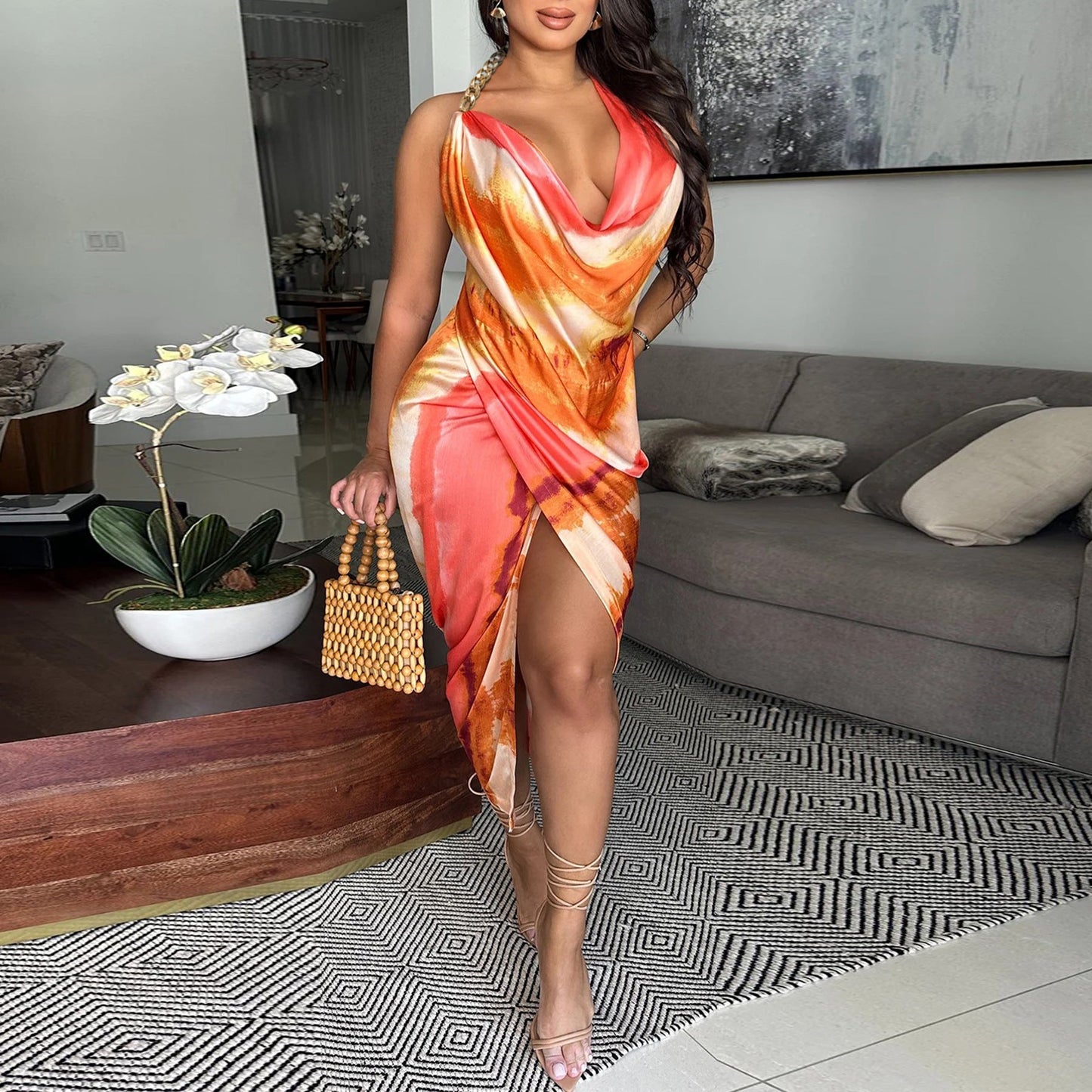 Sources Sexy Backless Tie Dyed Silk Satin Texture Swing Collar Dress Summer