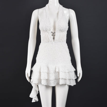 Women Clothing Dress V neck Hollow Out Cutout Pettiskirt Neck Strap Backless Fine Wool Dress