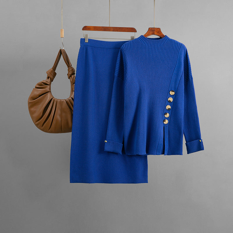 Women Autumn Winter Side Slit Fastener Decoration Sweater Skirt Two Piece Sets