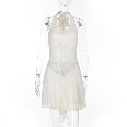 Sexy Backless Halter Sexy Lace Stitching Dress Women Vacation Short Women
