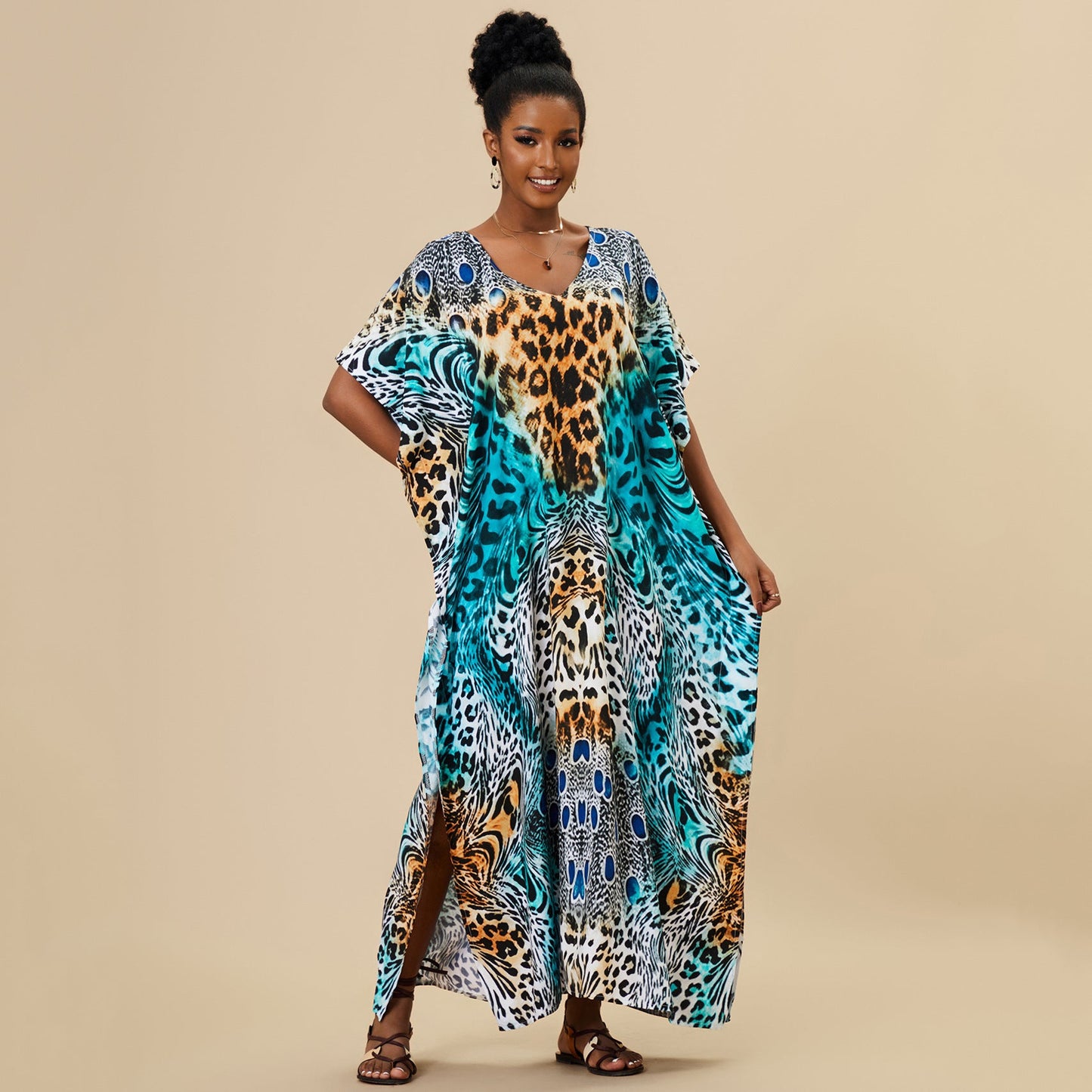Loose Long Beach Cover Up Rayon Positioning Print Holiday Robe Dress Women