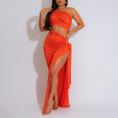Supply Women Wear Solid Color Diagonal Collar Sexy Tube Top Split Dress