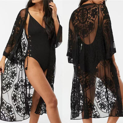 Lace Mesh Crochet Beach Cover up Seaside Vacation Bikini Sun Protection Clothing