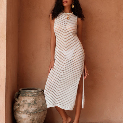 Sexy Hollow Out Cutout out Knitted Fitted Waist Slim Sleeveless Side Slit Dress Vacation Dress Swimsuit Blouse
