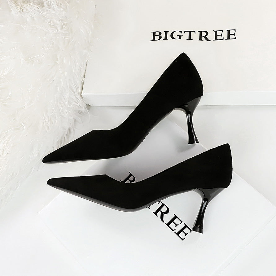 Simple Thin Cocktail High Heels Wine Glass Heel Super High Heel Suede Shallow Mouth Pointed Toe Women Shoes