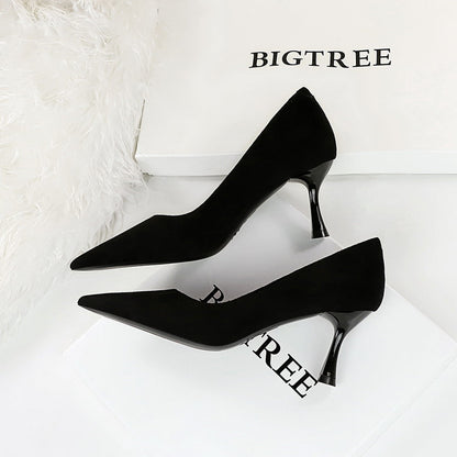 Simple Thin Cocktail High Heels Wine Glass Heel Super High Heel Suede Shallow Mouth Pointed Toe Women Shoes