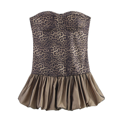 Leopard Splicing Tube Top Pettiskirt Summer Sexy off the Shoulder Party Cocktail Short Dress Slim Fit Mini Dress