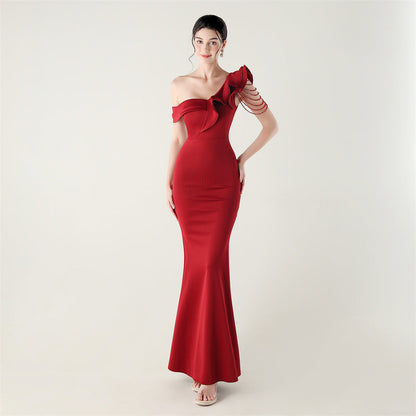 Ruffled One Shoulder Heavy Industry Beads String Slim Fit Satin Fishtail Evening Dress Wedding Red Carpet Cocktail Dress