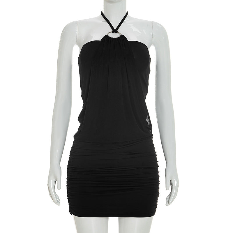 Women Spring Summer Sexy Simple Eyelet Halter Sheath Ultra Short Dress