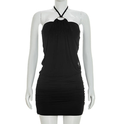 Women Spring Summer Sexy Simple Eyelet Halter Sheath Ultra Short Dress