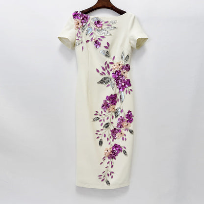 Star Graceful Fashionable Heavy Industry Beads Diamond Short Sleeve Slim Mid Length Dress