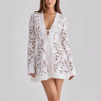 Spring Summer Long Sleeved Lace up Dress Loose Vacation Women Dress