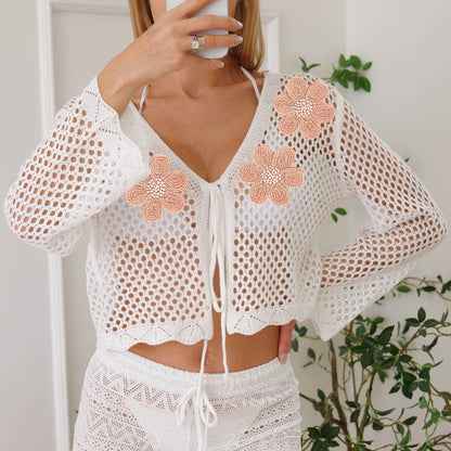 Women Lace up Cardigan Women Hollow Out Cutout out Woven Embroidered Floral Stitching Beach Sun Protection Long Sleeved Blouse Casual Coat