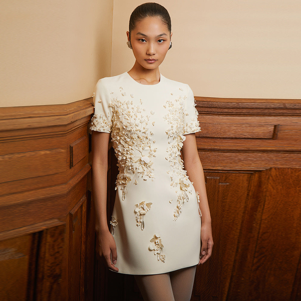 Spring Summer Star Heavy Industry Three Dimensional Floral Beaded Short Sleeve Dress