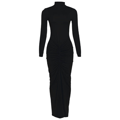 Women Clothing Autumn Solid Color Elegant Slim Slimming Pleated Turtleneck Long Sleeve Dress