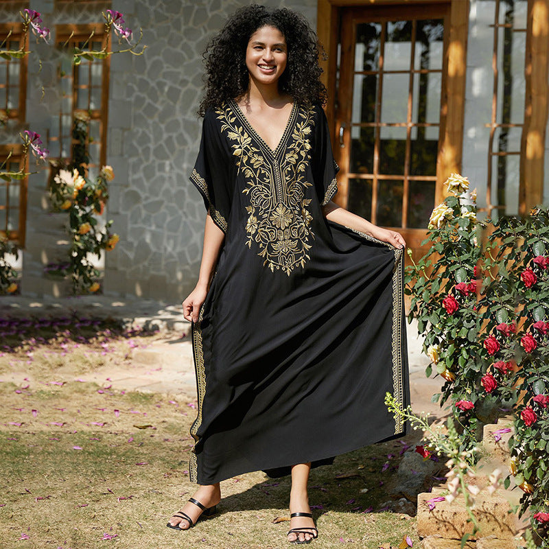 Embroidered Holiday Maxi Dress Seaside Beach Cover up Casual Dress Beach Cover Up Women