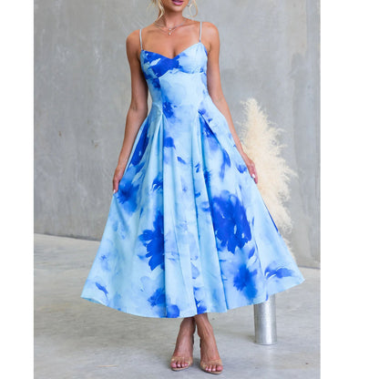 Spring Summer Digital Printing Large Swing Sweet Mid Length Strap Dress