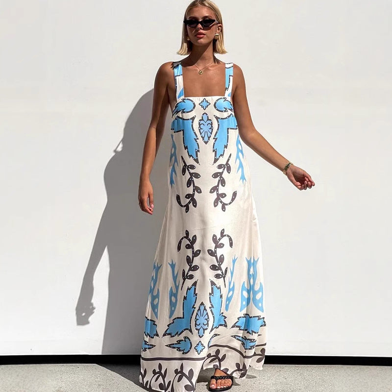 Summer Sexy Spaghetti-Strap Floral Print Dress Casual Loose Vacation Dress