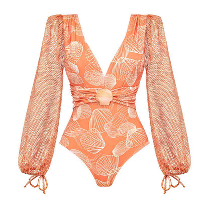 Women Swimsuit V neck Mesh Long Sleeve Glossy Shell Printed One Piece Swimsuit Two Piece Set