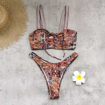 Retro Printed Tube Top Lace up Cutout High Slit Bikini Sexy Split Swimsuit Women