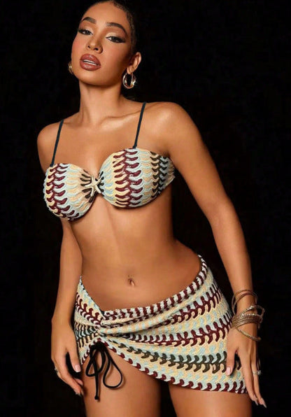 Women Colorful Shoulder Strap Tube Top Vacation Sexy Beach Two Piece Bikini Set