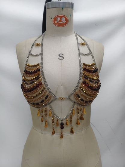 Women Handmade Beaded Chest Necklace Halter Body Cha Top Sold Jewelry Vest