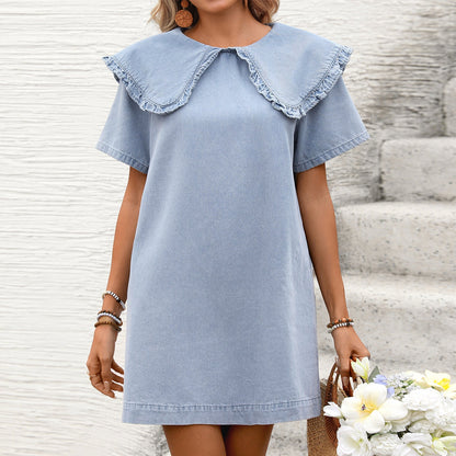 Wooden Ear Large Collared Short Sleeve Side Pocket Washed Denim Dress