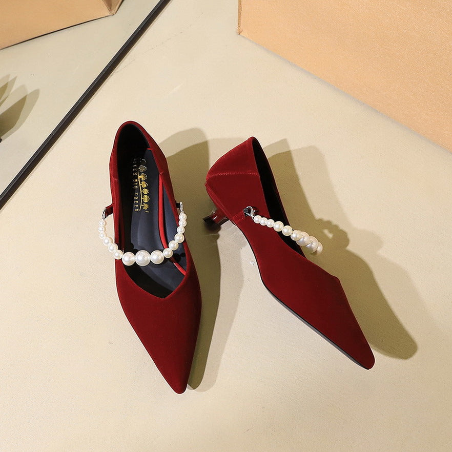 French Pointed Toe Mary Jane Shoes Women Ankle Strap Stilettos Pearl All Match Suede Small Single Layer Shoes