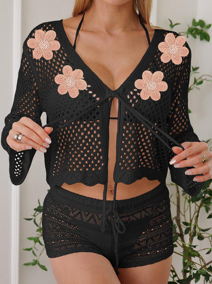 Women Lace up Cardigan Women Hollow Out Cutout out Woven Embroidered Floral Stitching Beach Sun Protection Long Sleeved Blouse Casual Coat