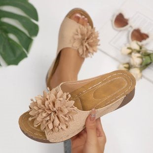 Floral Cloth Wedge Slippers Women Outdoor Seaside Platform Beach Slippers