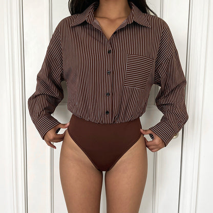 Shirt Jumpsuit Autumn Winter Long Sleeve Striped Stitching Office Casual Jumpsuit Women