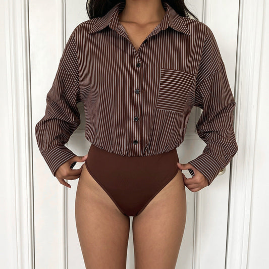 Shirt Jumpsuit Autumn Winter Long Sleeve Striped Stitching Office Casual Jumpsuit Women