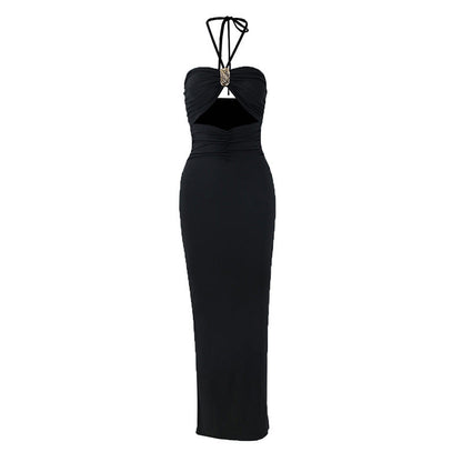 Summer Sexy Halter Three Dimensional Decoration Hollow Out Cutout Backless Leg Exposed Dress Women Clothing