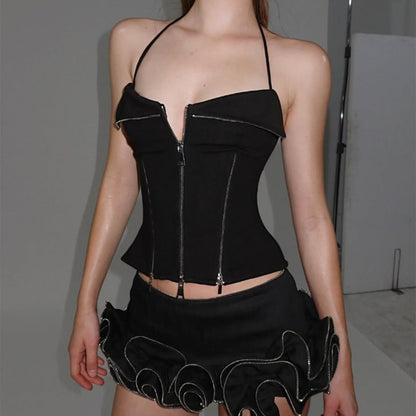Sexy Street Shooting Design Short Zipper Corset Slim Halter Vest
