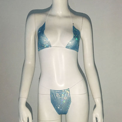 Women Clothing Rhinestone Bikini Set Carnival Sexy Lace Up Outdoor Beach Split Swimsuit