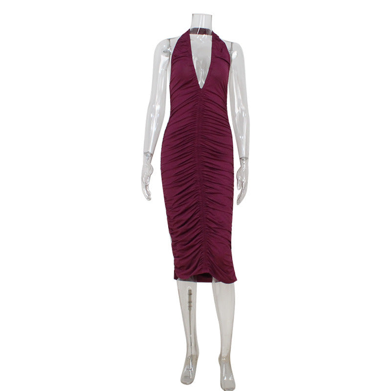 Sexy Women Clothing V neck Halter Slim Fit Slimming Ruffle Hip Purple Dress Women